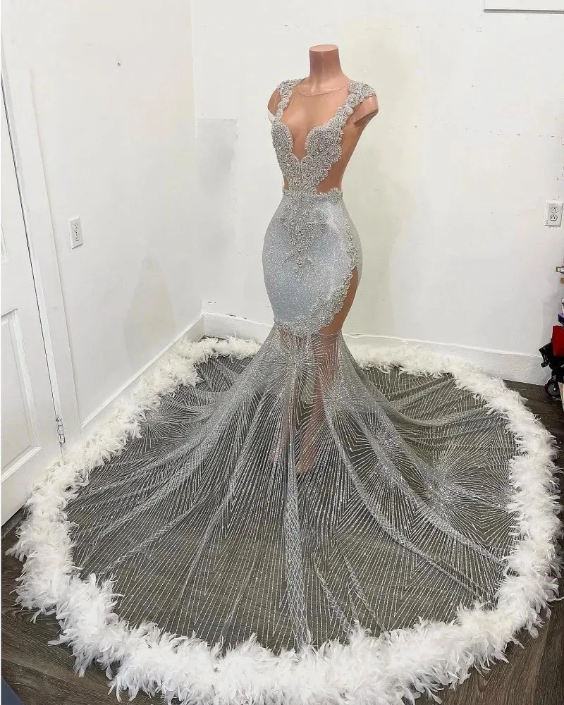 Black Girls Feathers Prom Dresses 2023 Beading African Women Mermaid Party Gowns Sequin Evening Dress Vestidos De Graduacion