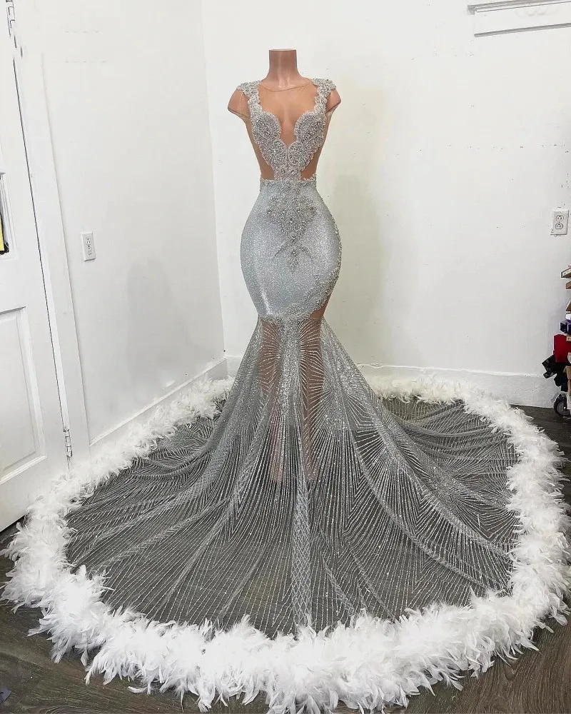 Black Girls Feathers Prom Dresses 2023 Beading African Women Mermaid Party Gowns Sequin Evening Dress Vestidos De Graduacion