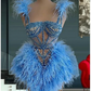 Luxury Blue Feathers Short Prom Dresses 2023 Crystal Beading Mini Party Dress For Women Cocktail Evening Gowns