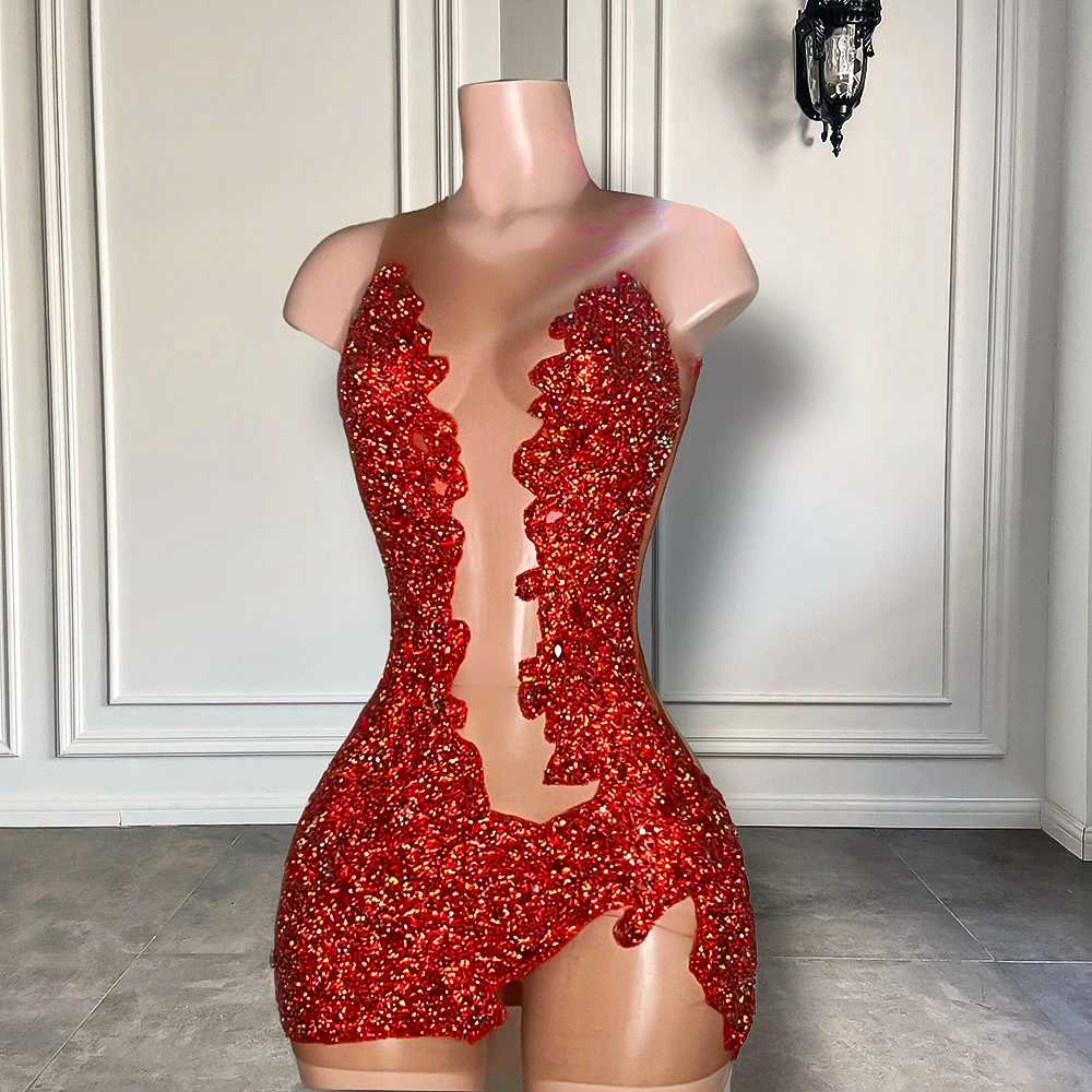 Sheer Sexy See Through Women Birthday Party Formal Gowns Mini Design Red Sparkly Diamond Black Girls Short Prom Dresses 2023