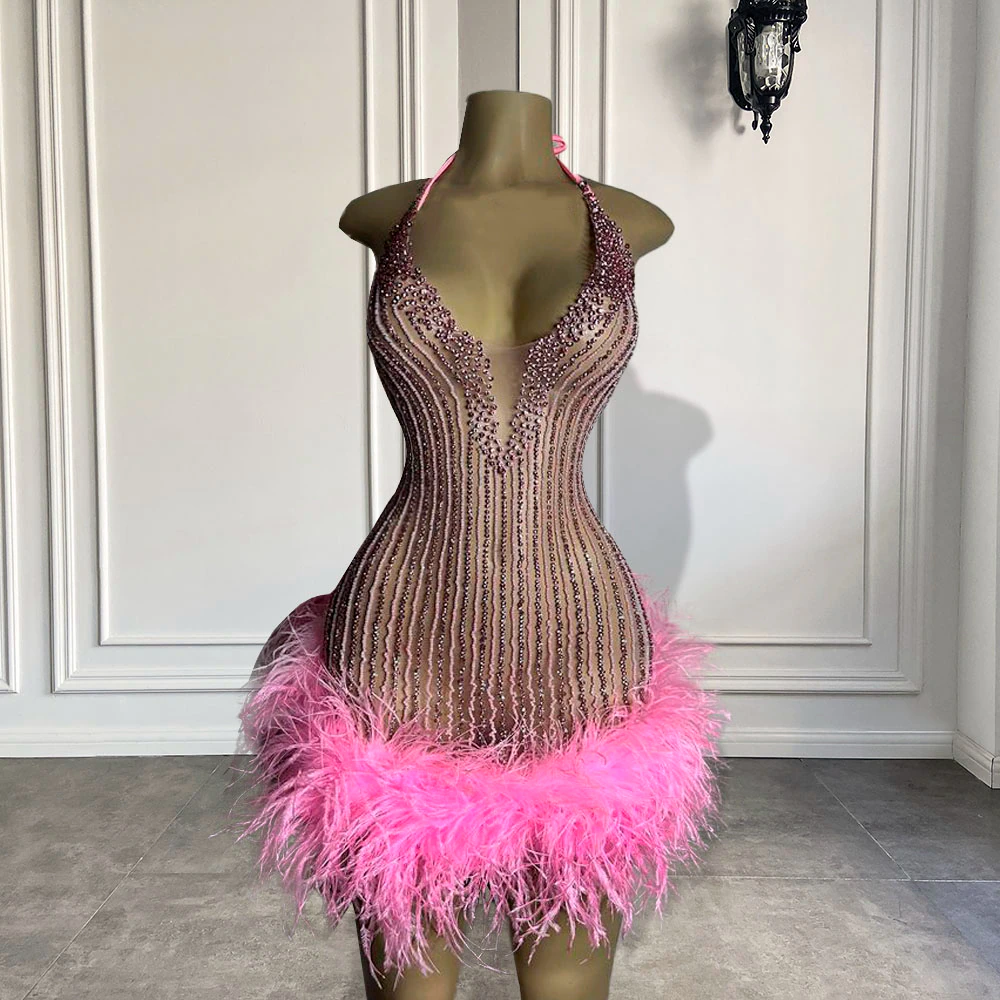 Sexy See Through Women Formal Birthday Party Gowns Halter Handmade Beaded Pink Feather Black Girls Short Prom Dresses 2023