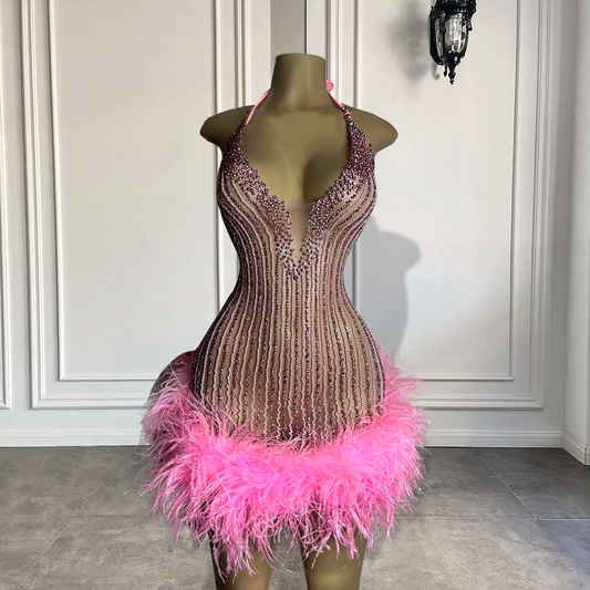 Sexy See Through Women Formal Birthday Party Gowns Halter Handmade Beaded Pink Feather Black Girls Short Prom Dresses 2023