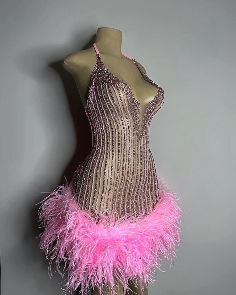 Sexy See Through Women Formal Birthday Party Gowns Halter Handmade Beaded Pink Feather Black Girls Short Prom Dresses 2023