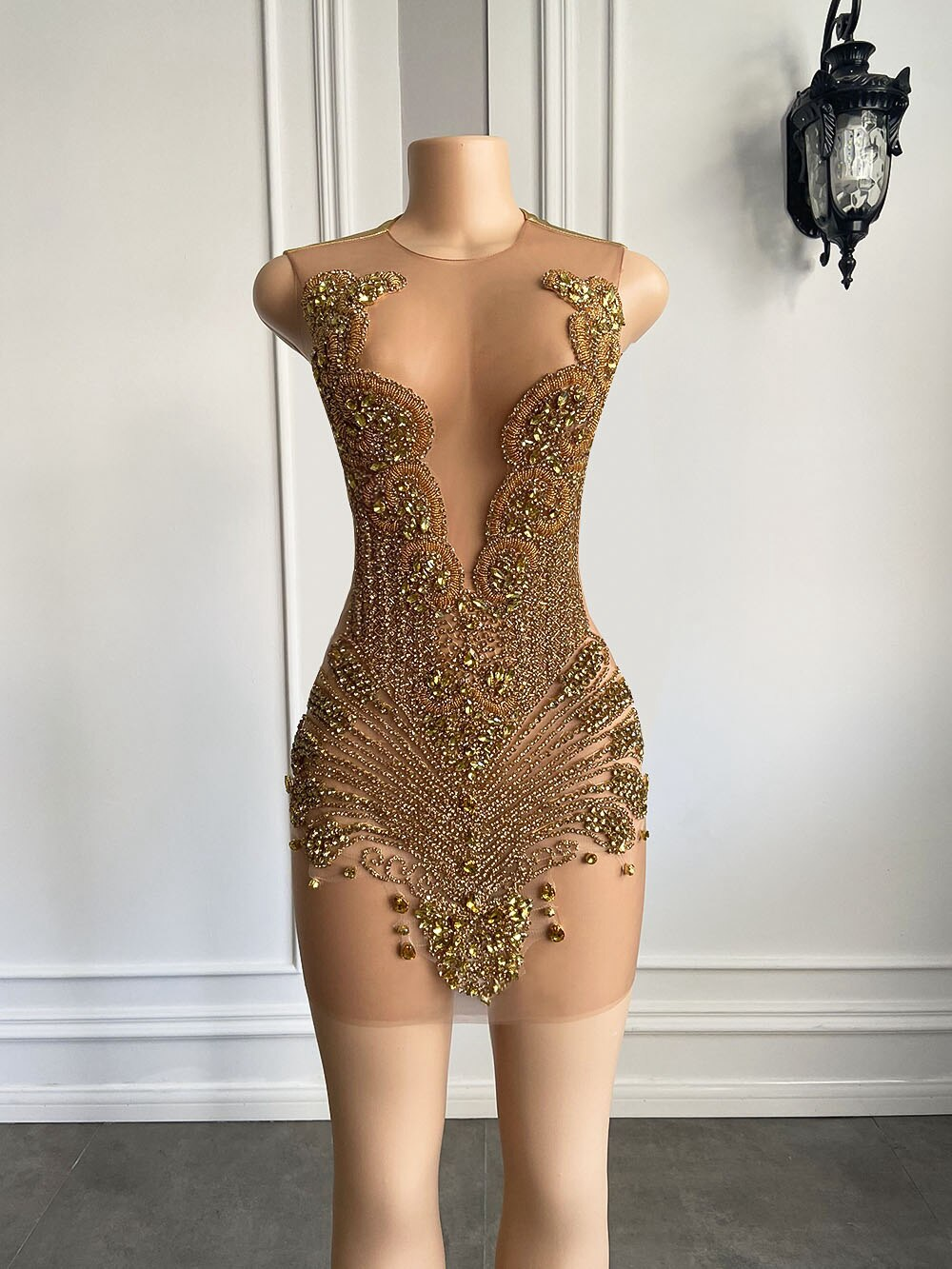 Sparkly Sexy See Through Women Formal Occasion Birthday Party Cocktail Gowns Gold Diadmond Black Girls Short Prom Dresses 2023