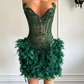 Real Luxury Black Girls Formal Occasion Birthday Party Dresses Emerald Green Feather Women Short Prom Dress 2023