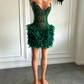 Real Luxury Black Girls Formal Occasion Birthday Party Dresses Emerald Green Feather Women Short Prom Dress 2023