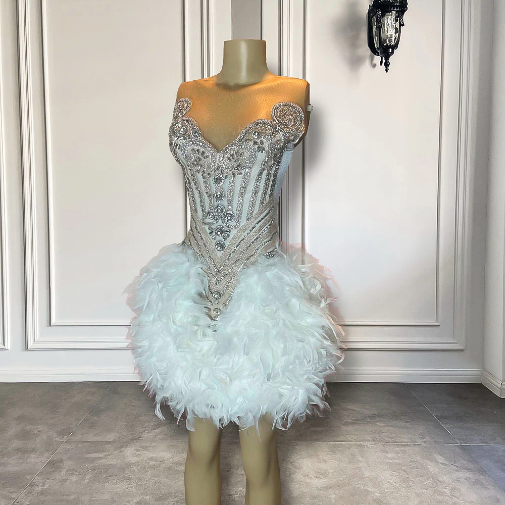 New Arrival Luxury Handmade Silver Diamond Women Birthday Party Formal Gowns White Feather Black Girls Short Prom Dresses 2023