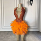 Sexy See Through Luxury Orange Diamond Women Formal Birthday Party Gowns Feather Black Girls Mini Short Prom Dresses 2023