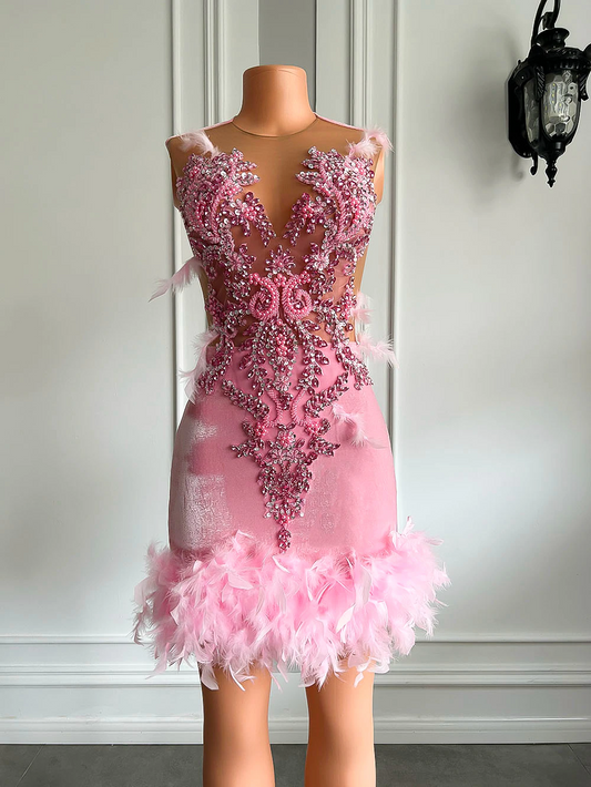 Women Cocktail Birthday Party Formal Gowns Sheer Mesh Beaded Embroidery Pink Velvet Black Girls Short Prom Dresses