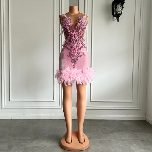 Women Cocktail Birthday Party Formal Gowns Sheer Mesh Beaded Embroidery Pink Velvet Black Girls Short Prom Dresses