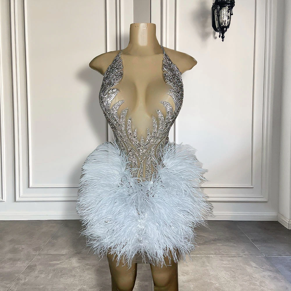 Luxury Silver Diamond Black Girls Short Prom Dresses 2023 Sexy See Through White Feather Women Mini Formal Birthday Party Gowns