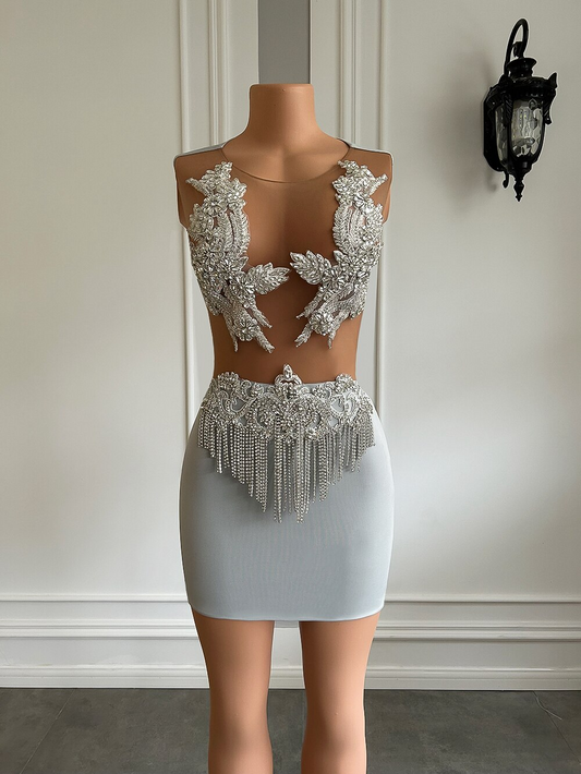 Sheer Mesh Birthday Party Formal Gowns Sparkly Silver Diamond Spandex Mini Black Girls Short Prom Dresses