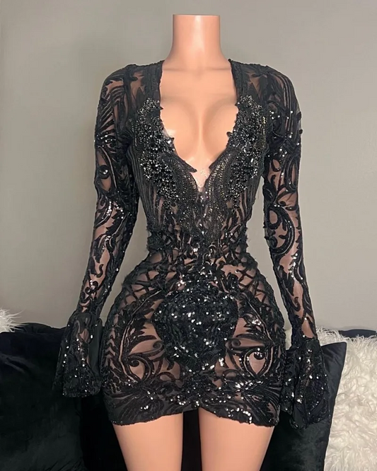 Sexy Little Black Prom Dresses Long Sleeves Sequin Fitted Birthday Party Gowns Beading Short Vestidos De Gala Para