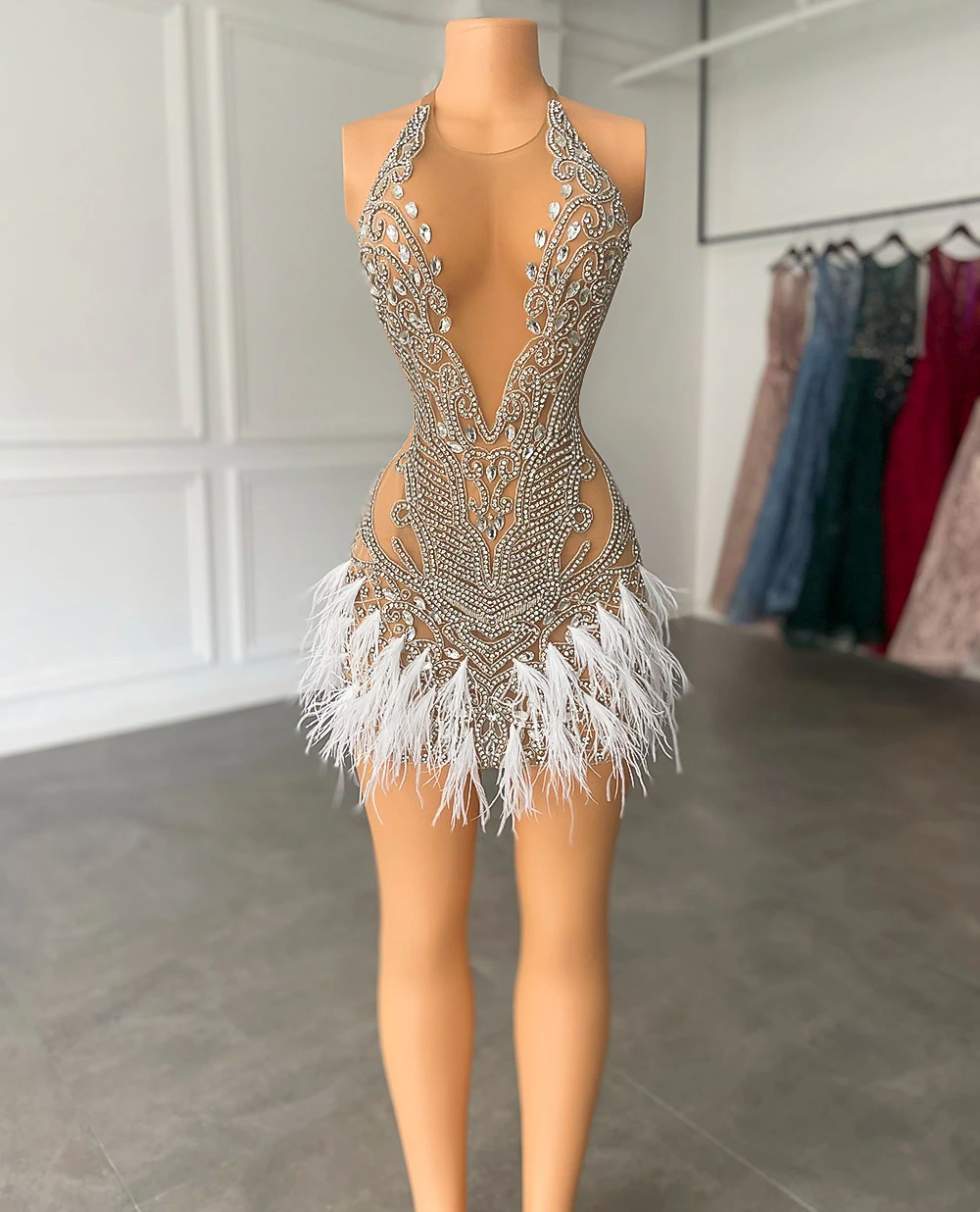 Gorgeous Halter Sleeveless Luxury Beaded Silver Crystals White Feather African Women Cocktail Dresses Birthday Party Gowns