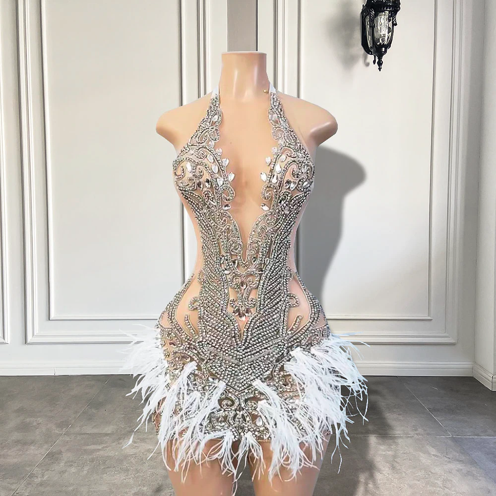 Gorgeous Halter Sleeveless Luxury Beaded Silver Crystals White Feather African Women Cocktail Dresses Birthday Party Gowns