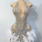 Gorgeous Halter Sleeveless Luxury Beaded Silver Crystals White Feather African Women Cocktail Dresses Birthday Party Gowns