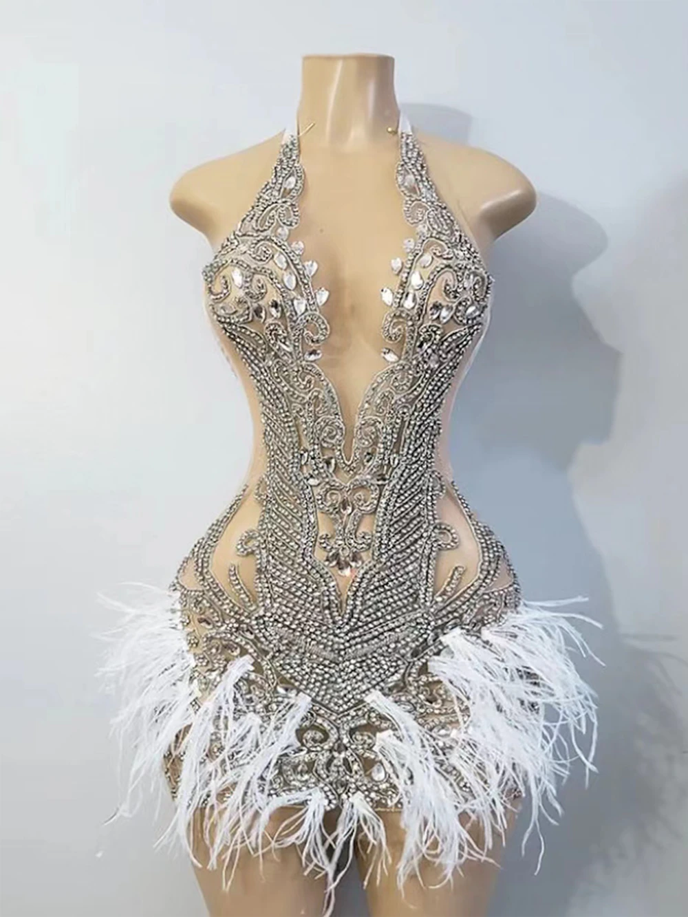 Gorgeous Halter Sleeveless Luxury Beaded Silver Crystals White Feather African Women Cocktail Dresses Birthday Party Gowns