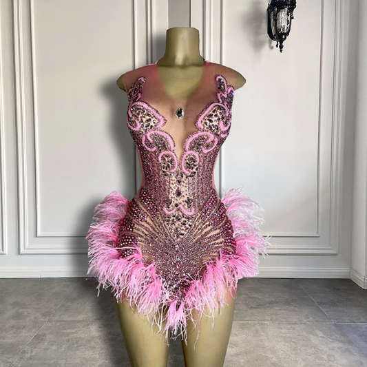 Luxury Sexy See Through Beaded Crystals Birthday Party Short Prom Dress Feather African Women Pink Cocktail Dresse