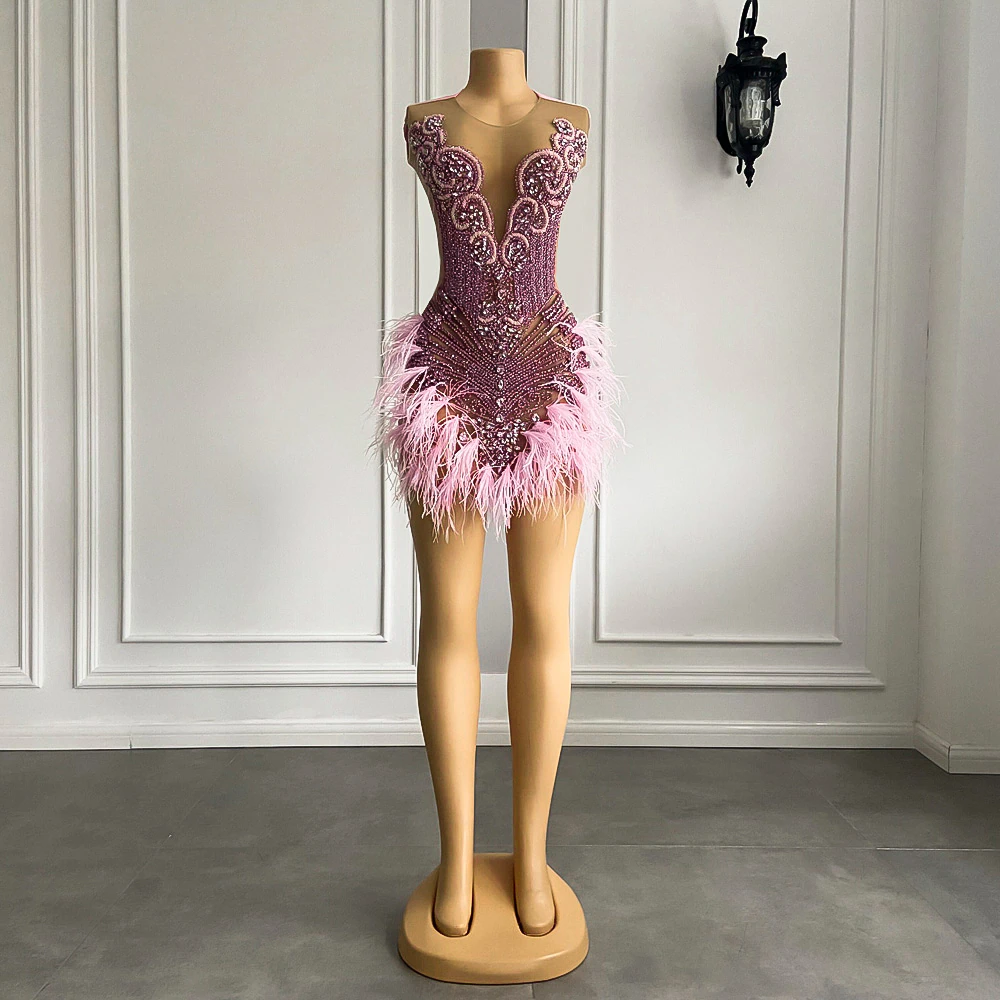 Luxury Sexy See Through Beaded Crystals Birthday Party Short Prom Dress Feather African Women Pink Cocktail Dresse