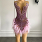 Luxury Sexy See Through Beaded Crystals Birthday Party Short Prom Dress Feather African Women Pink Cocktail Dresse