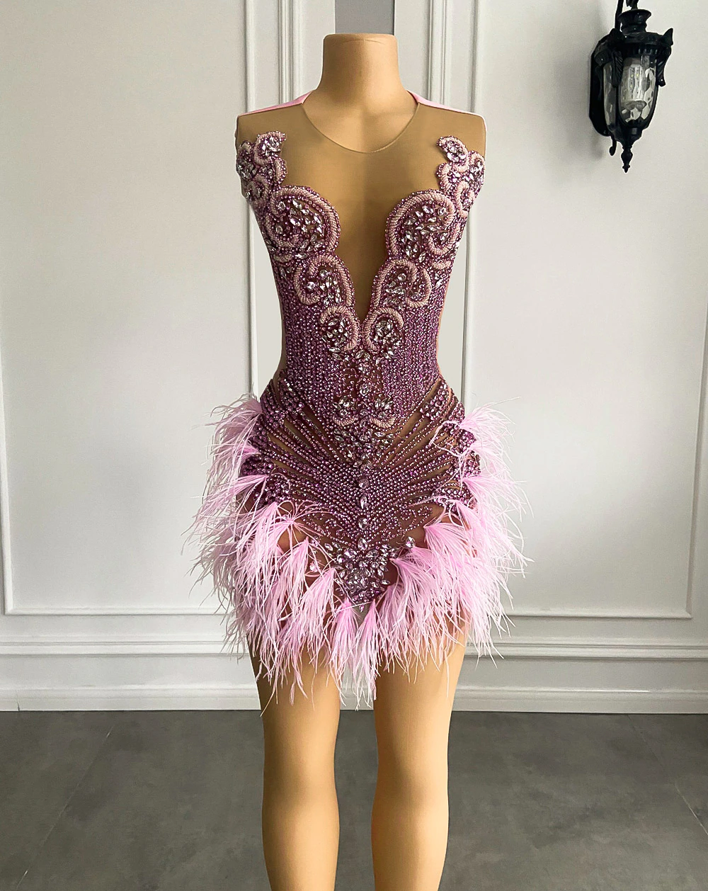 Luxury Sexy See Through Beaded Crystals Birthday Party Short Prom Dress Feather African Women Pink Cocktail Dresse