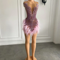 Luxury Sexy See Through Beaded Crystals Birthday Party Short Prom Dress Feather African Women Pink Cocktail Dresse