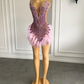 Luxury Sexy See Through Beaded Crystals Birthday Party Short Prom Dress Feather African Women Pink Cocktail Dresse