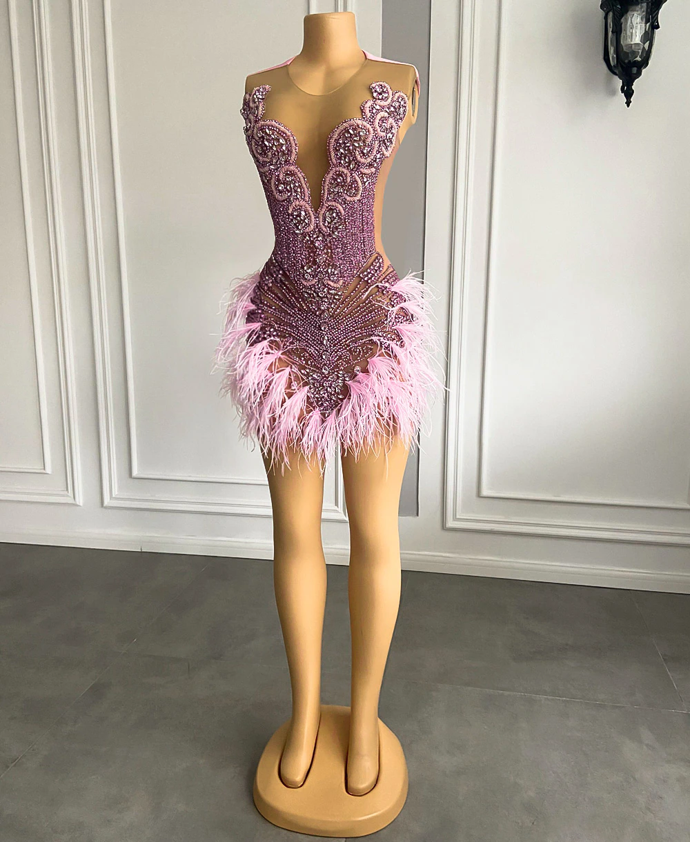 Luxury Sexy See Through Beaded Crystals Birthday Party Short Prom Dress Feather African Women Pink Cocktail Dresse