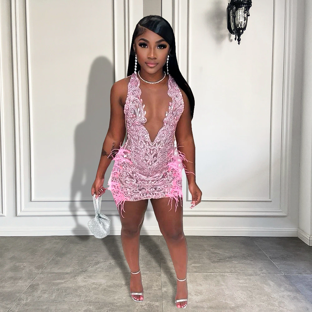 Sexy See Through Women Cocktail Gowns Pink Party Rhinestone Feather Black Girls Short Prom Dresses For Birthday