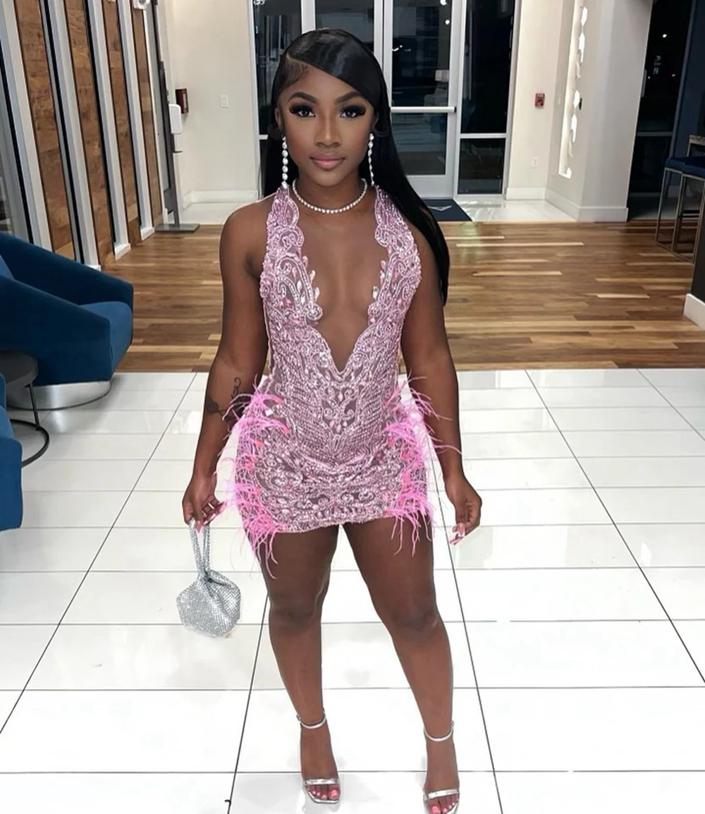 Sexy See Through Women Cocktail Gowns Pink Party Rhinestone Feather Black Girls Short Prom Dresses For Birthday