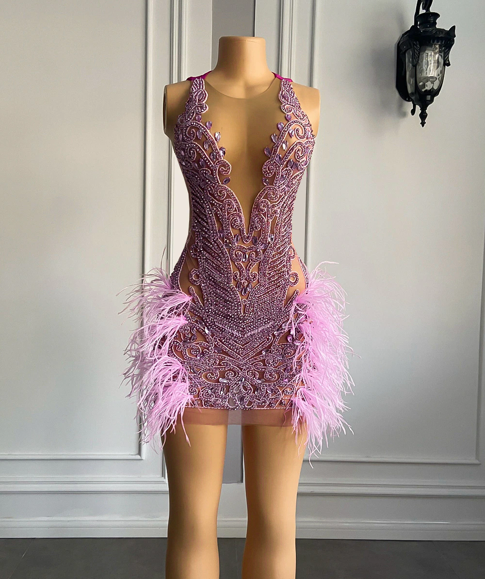 Sexy See Through Women Cocktail Gowns Pink Party Rhinestone Feather Black Girls Short Prom Dresses For Birthday