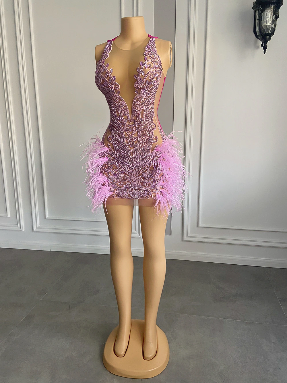 Sexy See Through Women Cocktail Gowns Pink Party Rhinestone Feather Black Girls Short Prom Dresses For Birthday