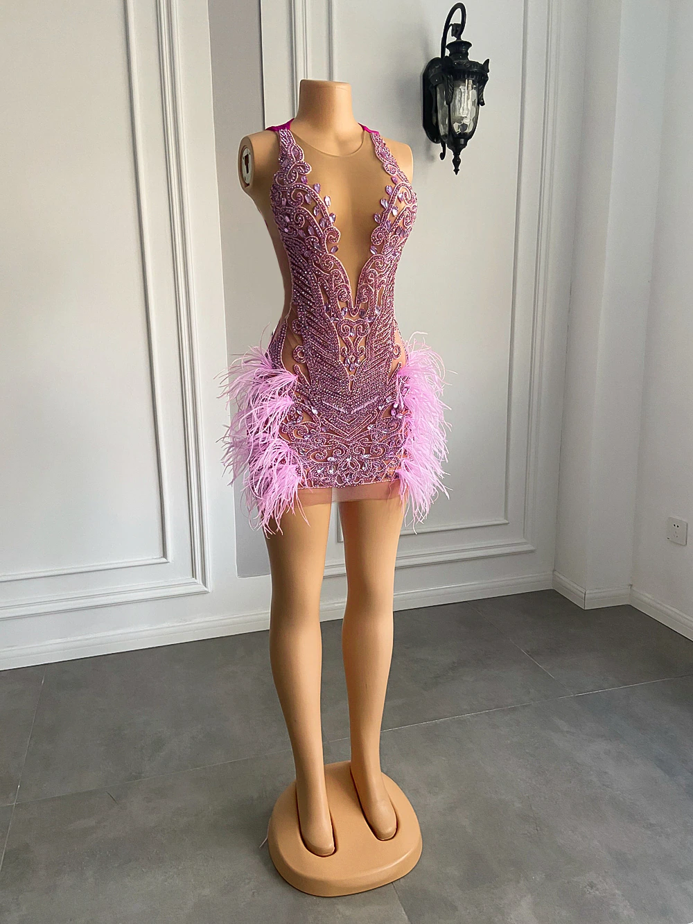 Sexy See Through Women Cocktail Gowns Pink Party Rhinestone Feather Black Girls Short Prom Dresses For Birthday