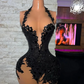 Elegant Black Lace Prom Dresses For Little Girl 2023 High Neck Beaded Short Cocktail Gowns Abiti Da Cocktail