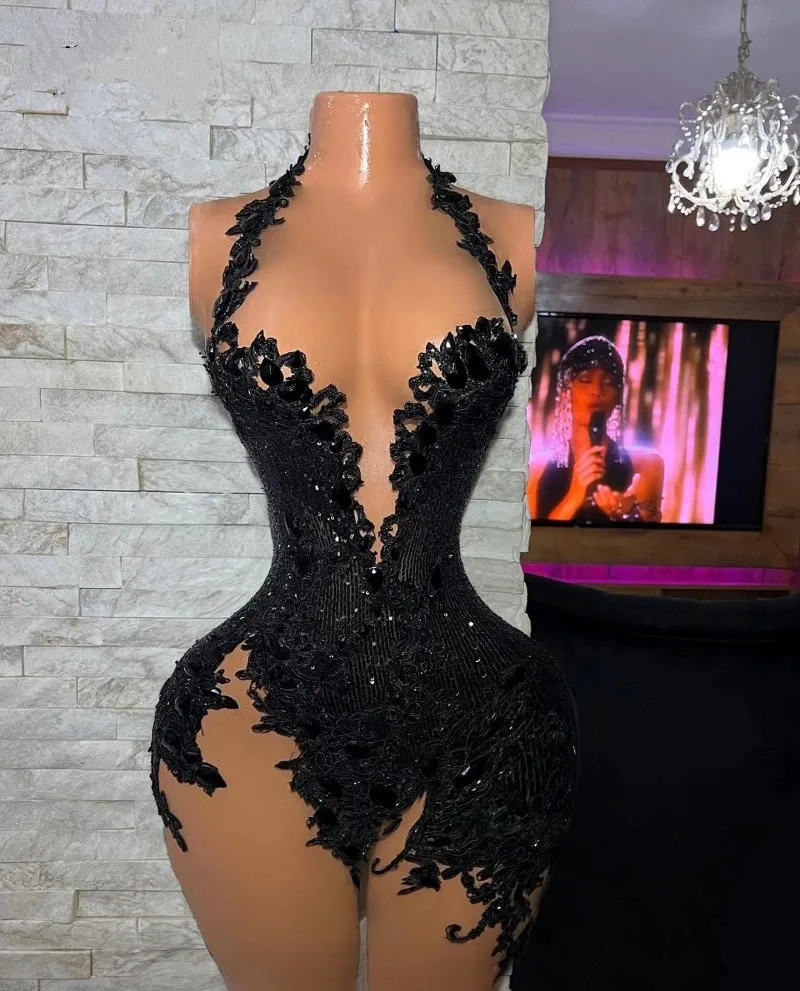 Elegant Black Lace Prom Dresses For Little Girl 2023 High Neck Beaded Short Cocktail Gowns Abiti Da Cocktail