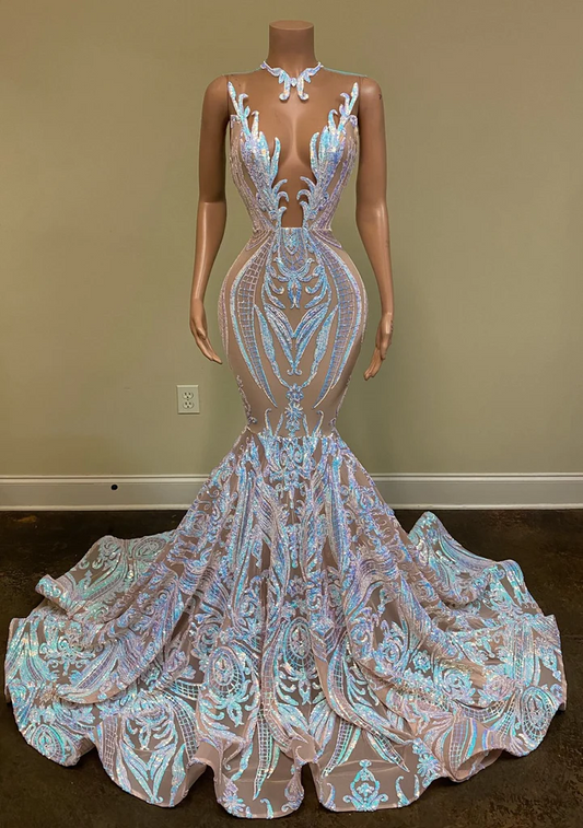 Long Sparkly Prom Dresses Sheer O-Neck Sleeveless Real Picture African Black Girls Mermaid Prom Gala Gowns