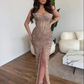 Luxury Champagne Glitter Mermaid Evening Dresses Sweeheart Off Shoulder Side Slit Sequins Floor Length Sexy Prom Dress