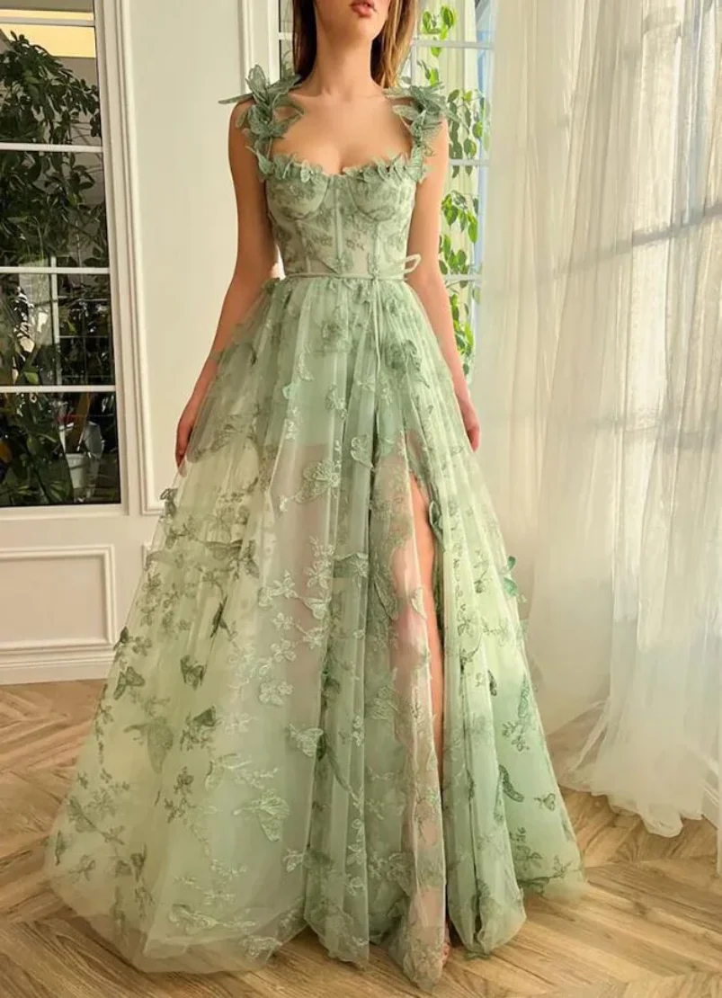 Sweet Temperament Grass Green Sweetheart 3D Decal Tulle A-line High Split Evening Dresses Porm Dress Birthday Party Dresses