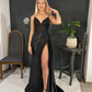 Black Evening Dress V-Neck Open Back Formal Dress Strap Applique Formal Occasion Dress Women's Evening Dresses