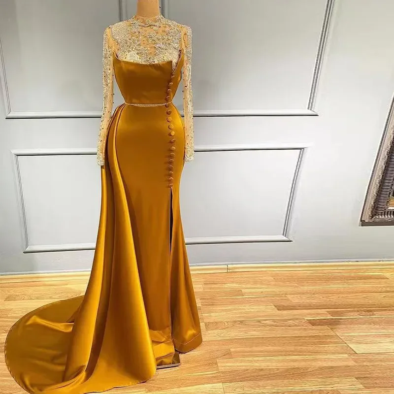 Elegant Gold Satin Side Split Mermaid High Neck Evening Dresses Beaded Long Sleeves Sweep Train Special Occasion Dresses