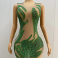 Green Rhinestones Sexy Nude Transparent DressBirthday Celebrate See Through Outfit EveningWomen's Performance Costume