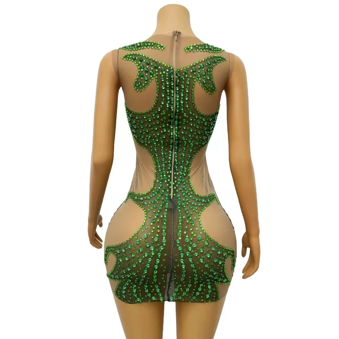 Green Rhinestones Sexy Nude Transparent DressBirthday Celebrate See Through Outfit EveningWomen's Performance Costume