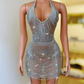 Sparkly Rhinestones Chains V Neck BacklessShort Dress Sexy Birthday Party CelebriateCostume Nightclub Outfit Show Stage Wear