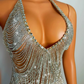 Sparkly Rhinestones Chains V Neck BacklessShort Dress Sexy Birthday Party CelebriateCostume Nightclub Outfit Show Stage Wear