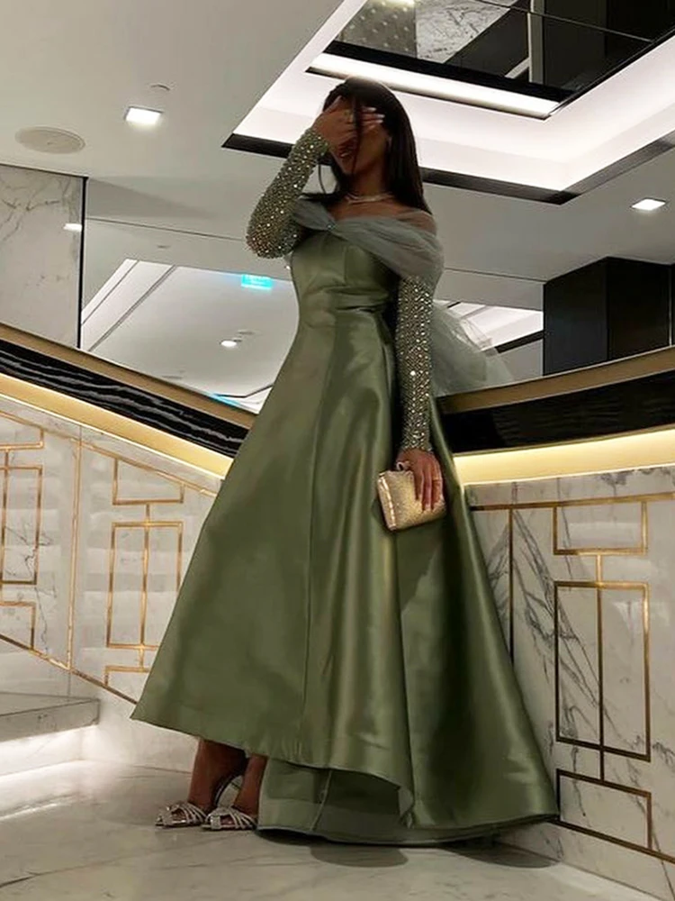 Elegant Cyan Shiny Long Sleeves Off Shoulder Satin Evening Dresses With Bow Long Arabic Prom Gown Lady Formal Occasion Dress