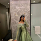 Elegant Cyan Shiny Long Sleeves Off Shoulder Satin Evening Dresses With Bow Long Arabic Prom Gown Lady Formal Occasion Dress