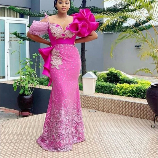 Fuchisa Robe Plus Size Evening Dresess Mermaid Ruffles Flowers Appliques Beads Sequins Lace Prom Dress Aso Ebi Party Gowns