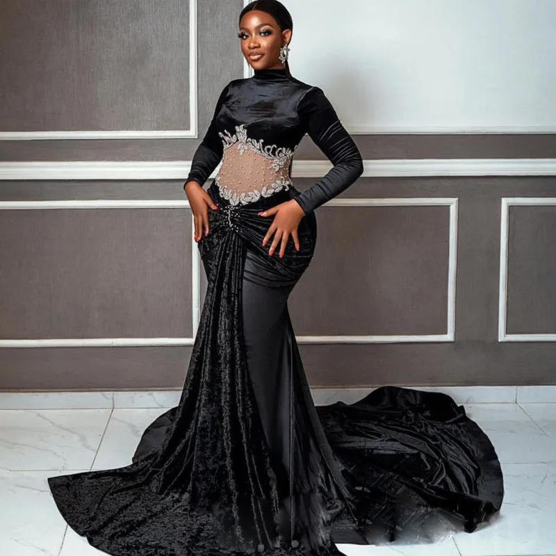 Black Girls Long Evening Dresses High Neck Pearls Appliques Pleats Long Sleeves Mermaid Prom Dress Long Train Aso Ebi Gowns