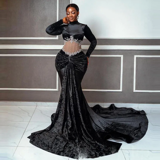 Black Girls Long Evening Dresses High Neck Pearls Appliques Pleats Long Sleeves Mermaid Prom Dress Long Train Aso Ebi Gowns