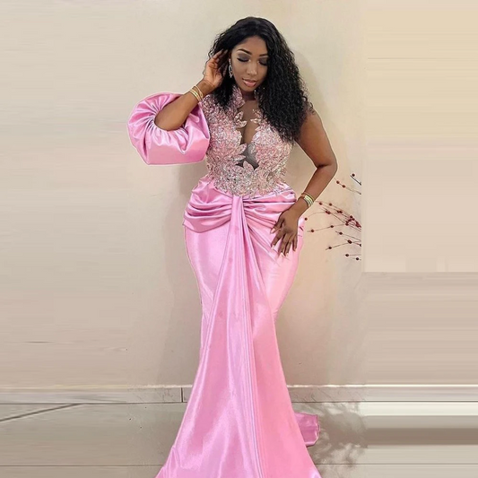Pink Aso Ebi Evening Gowns With Lace Appliques Puffy Half Sleeves Mermaid Prom Dress For Women Plus Size Party Dress